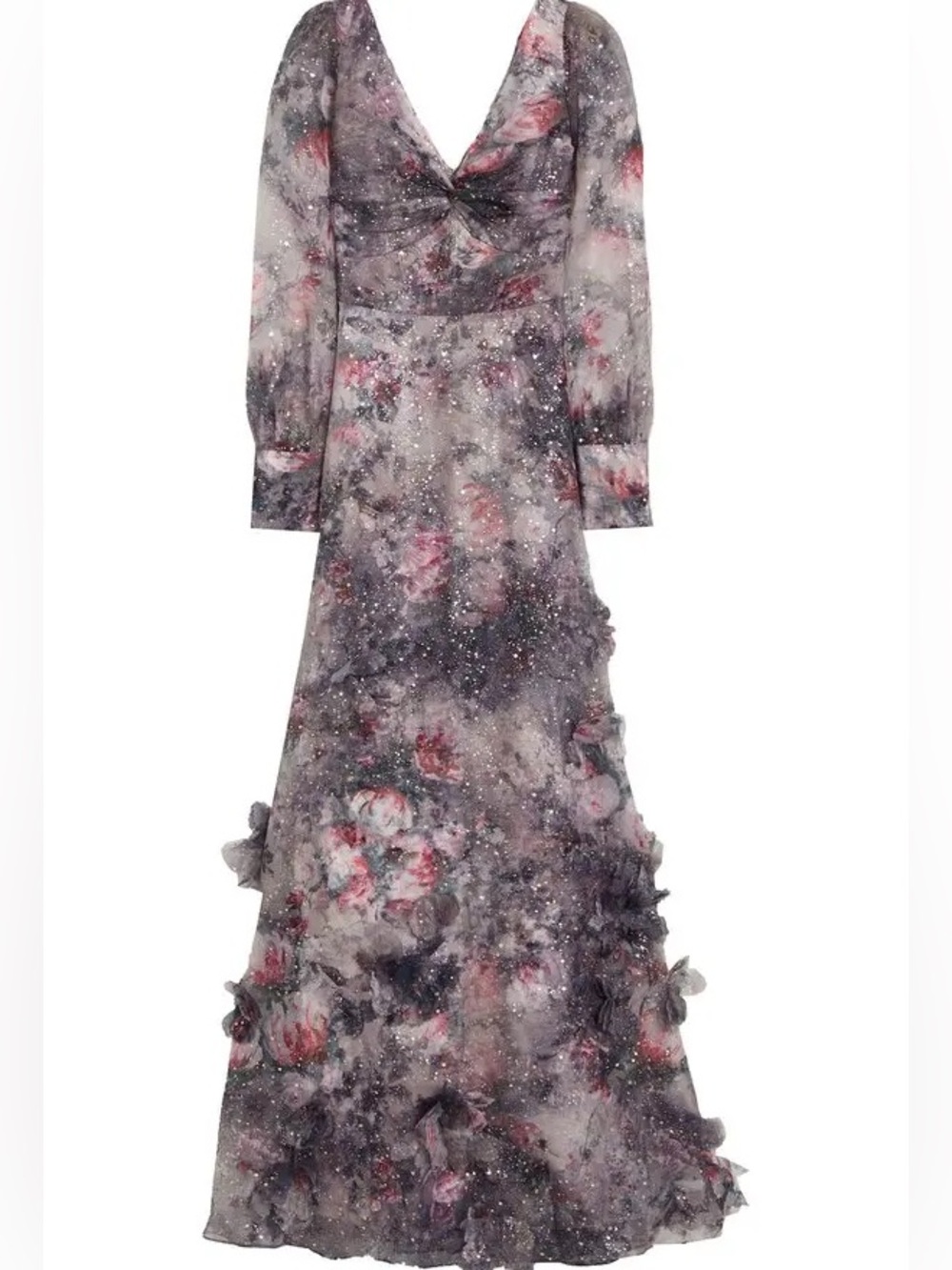 MARCHESA Twisted Floral Appliquéd Printed Organza Gown Mauve Lilac - Picture 2 of 16